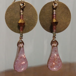 Boho Bronze Pink Glass Bead Brass Circle Earrings